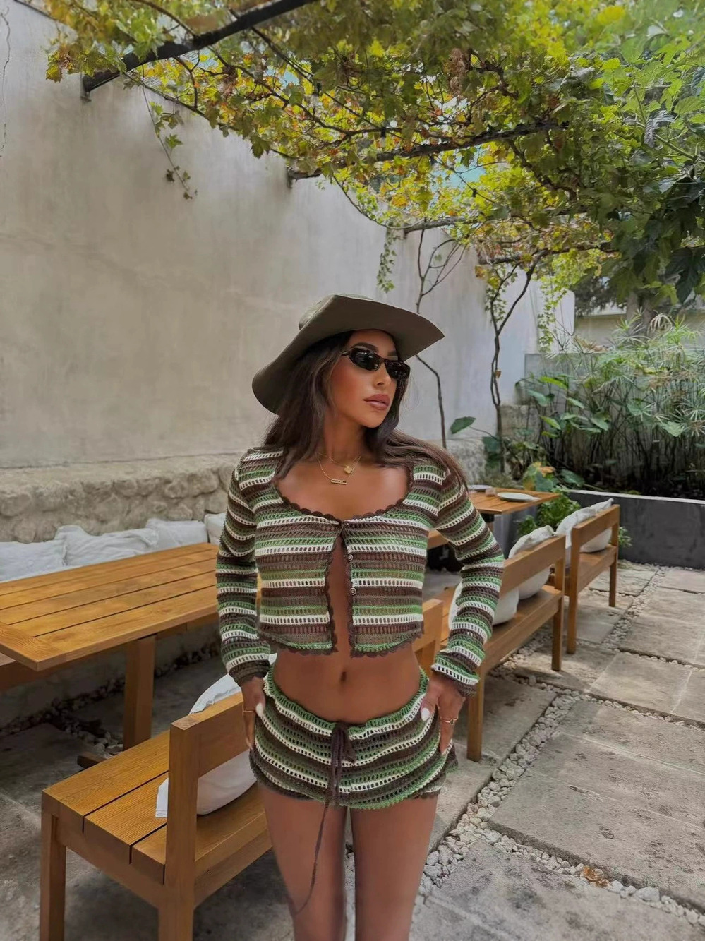 ZARA Summer Striped Long Sleeve Jacket Casual Shorts Sexy Set